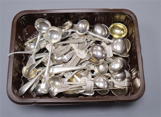 Forty four assorted 19th century and later silver condiment spoons, various dates and makers, 12 oz.